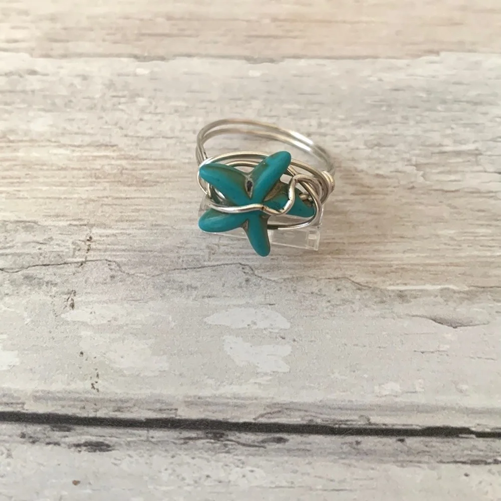 Turquoise Star Stone Ring Women’s Jewelry Teal Blue Silver Band Size 6
